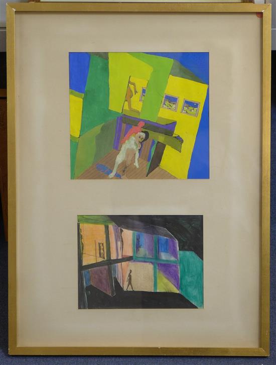 David Leverett (1938-) Two interiors with figures, c.1962, 8 x 8.75in. and 6 x 8in. framed as one